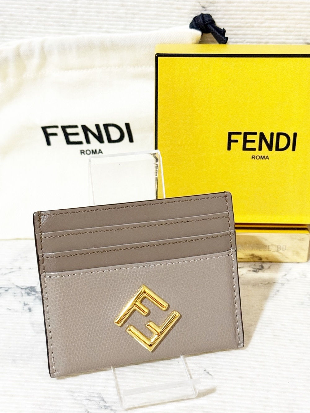 Fendi FF Diamonds Card Case Two-tone Leather Gray Card Holder